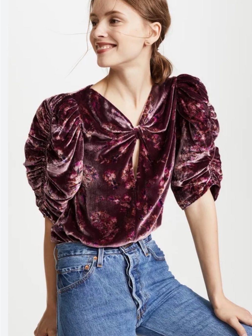 Rebecca Taylor Floral Velvet Puff Sleeve Blouse Burgundy Plum Size 6